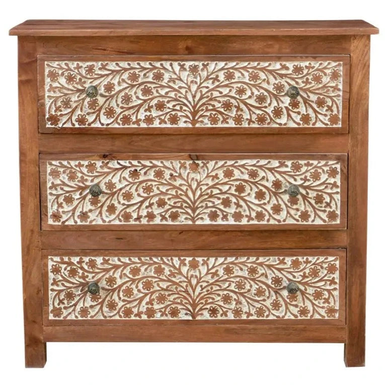 Carved Oasis Hand Carved Mango Wood Carved Chest of Drawers in Brown