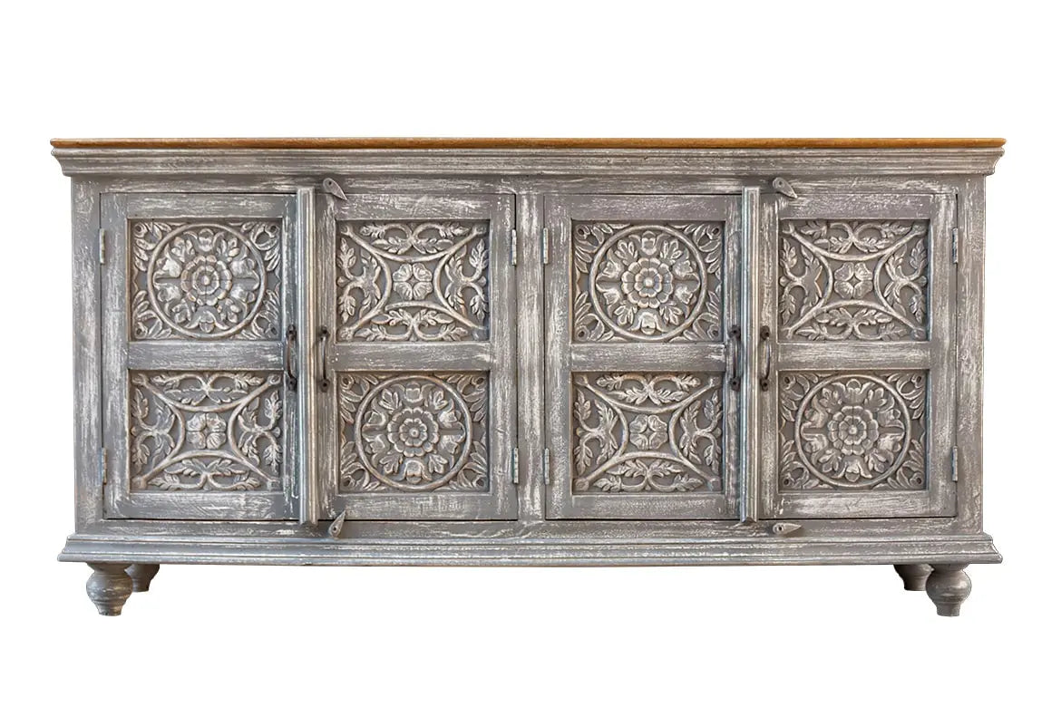 Carved Oasis Hand Carved Mango Wood Carved 4 Door Sideboard in Greywash