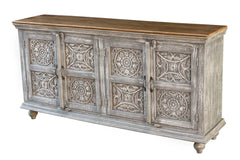 Carved Oasis Hand Carved Mango Wood Carved 4 Door Sideboard in Greywash