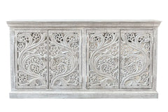 Carved Oasis Hand Carved Mango Wood Mirror Doors Sideboard All White