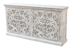 Carved Oasis Hand Carved Mango Wood Mirror Doors Sideboard All White