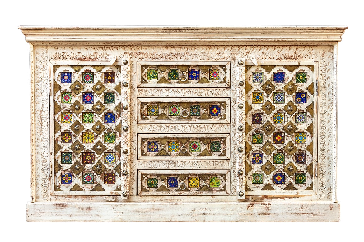 Moroccan Mosaic Handmade Mango Wood 3 Drawers 2 Doors Sideboard in White