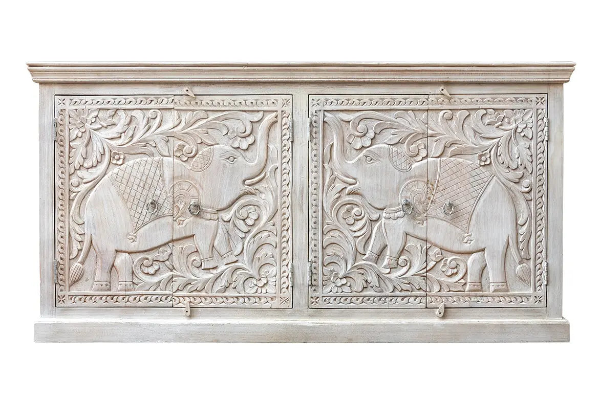 Carved Oasis Hand Carved Mango Wood Carved 4 Door Sideboard in Whitewash