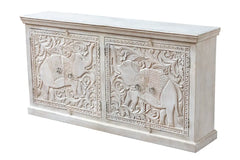 Carved Oasis Hand Carved Mango Wood Carved 4 Door Sideboard in Whitewash