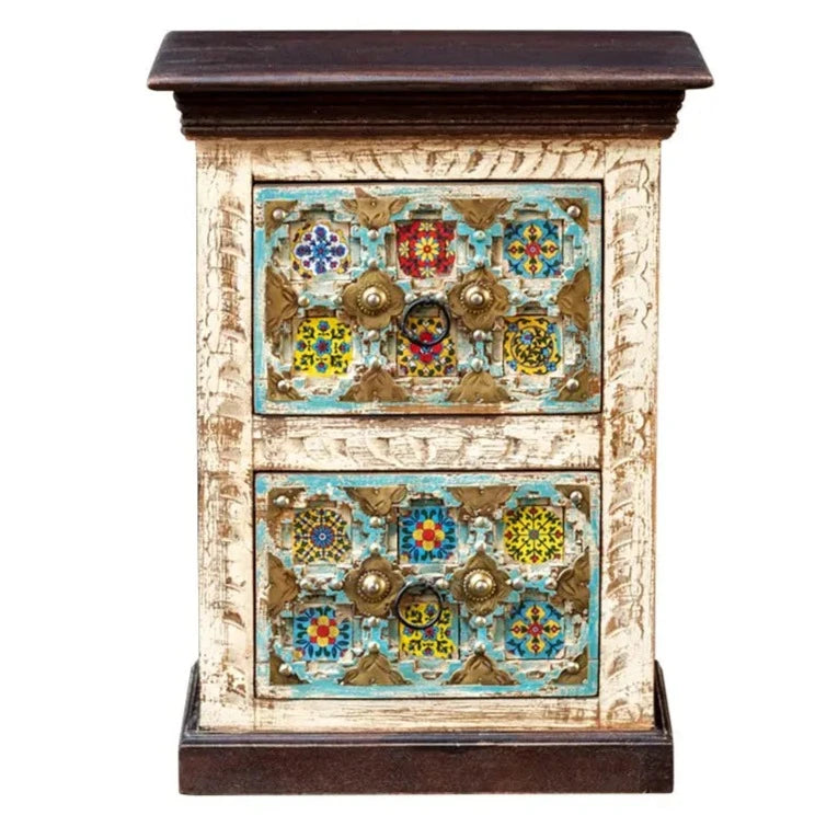 Moroccan Mosaic Handmade Mango Wood 2 Drawers Bedside Table in Blue