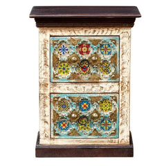 Moroccan Mosaic Handmade Mango Wood 2 Drawers Bedside Table in Blue