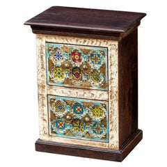 Moroccan Mosaic Handmade Mango Wood 2 Drawers Bedside Table in Blue