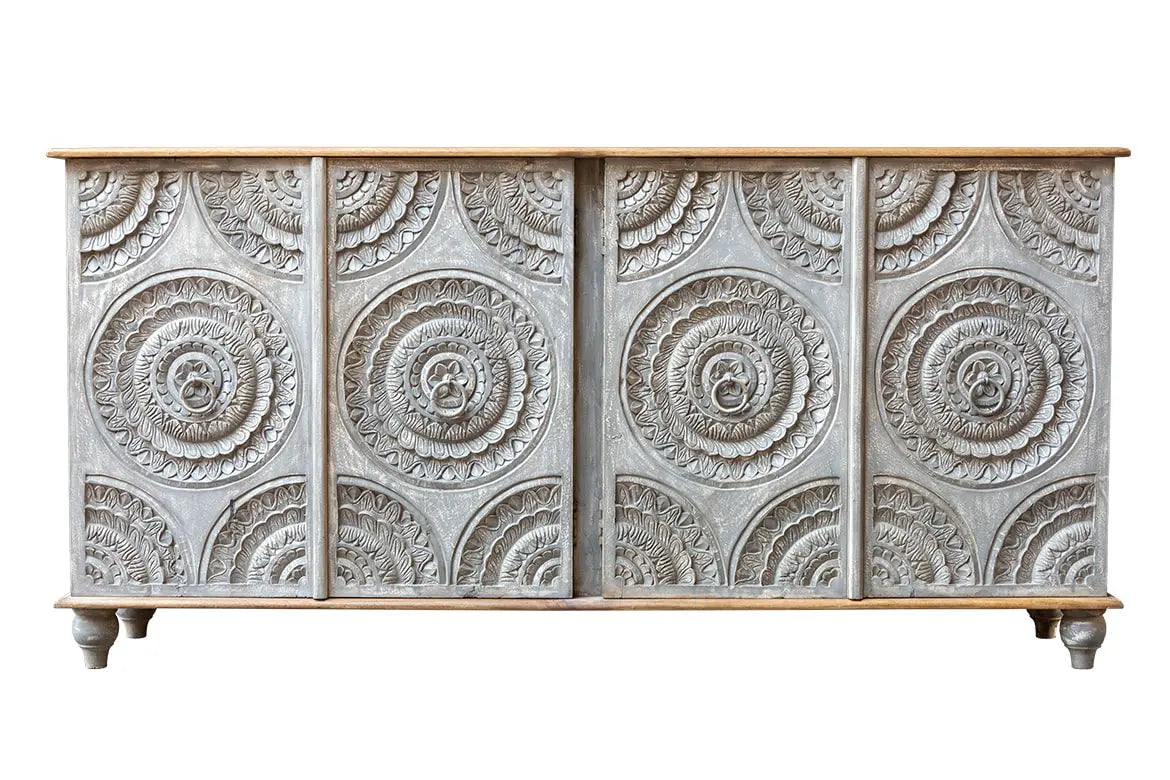 Solid Hard Wood Mandala Carvings Light Grey 186Cms