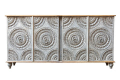 Carved Oasis Handmade Classic Mango Wood Carved 4 Doors Sideboard in Grey