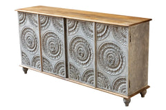 Carved Oasis Handmade Classic Mango Wood Carved 4 Doors Sideboard in Grey