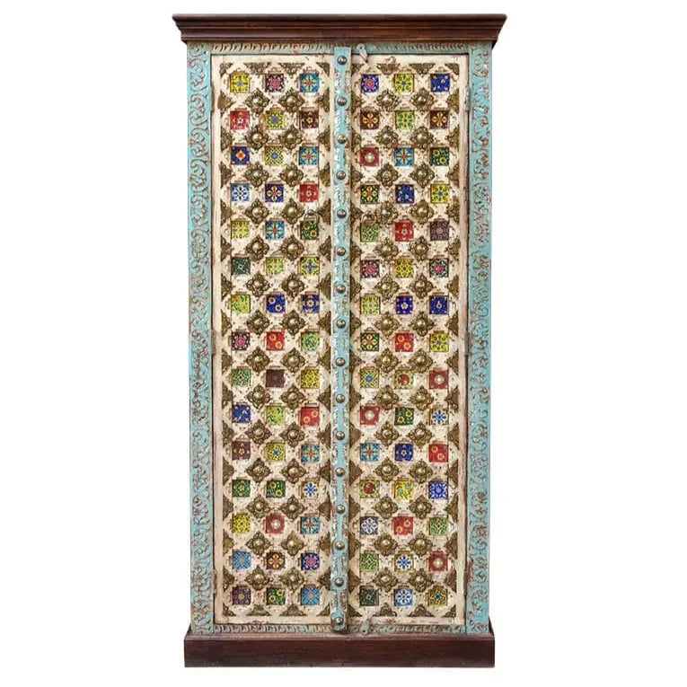 Moroccan Mosaic Handmade Mango Wood 2 Doors Cabinet Wardrobe in Blue