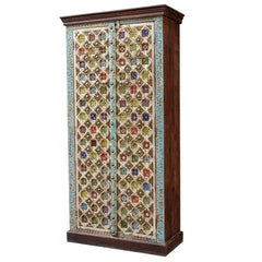 Moroccan Mosaic Handmade Mango Wood 2 Doors Cabinet Wardrobe in Blue