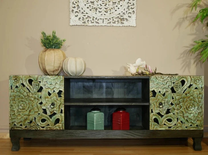 Pine Grove Handmade Floral Carved Solid Mango Wood TV Unit in Green