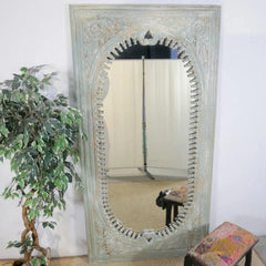 Carved Oasis Solid Mango Wood Oriental Style Mirror Frame Distressed White