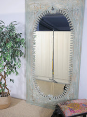 Carved Oasis Solid Mango Wood Oriental Style Mirror Frame Distressed White