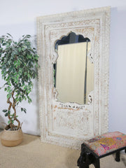 Carved Oasis Handcarved Solid Mango Wood Mehrab Style Mirror Frame Distressed White