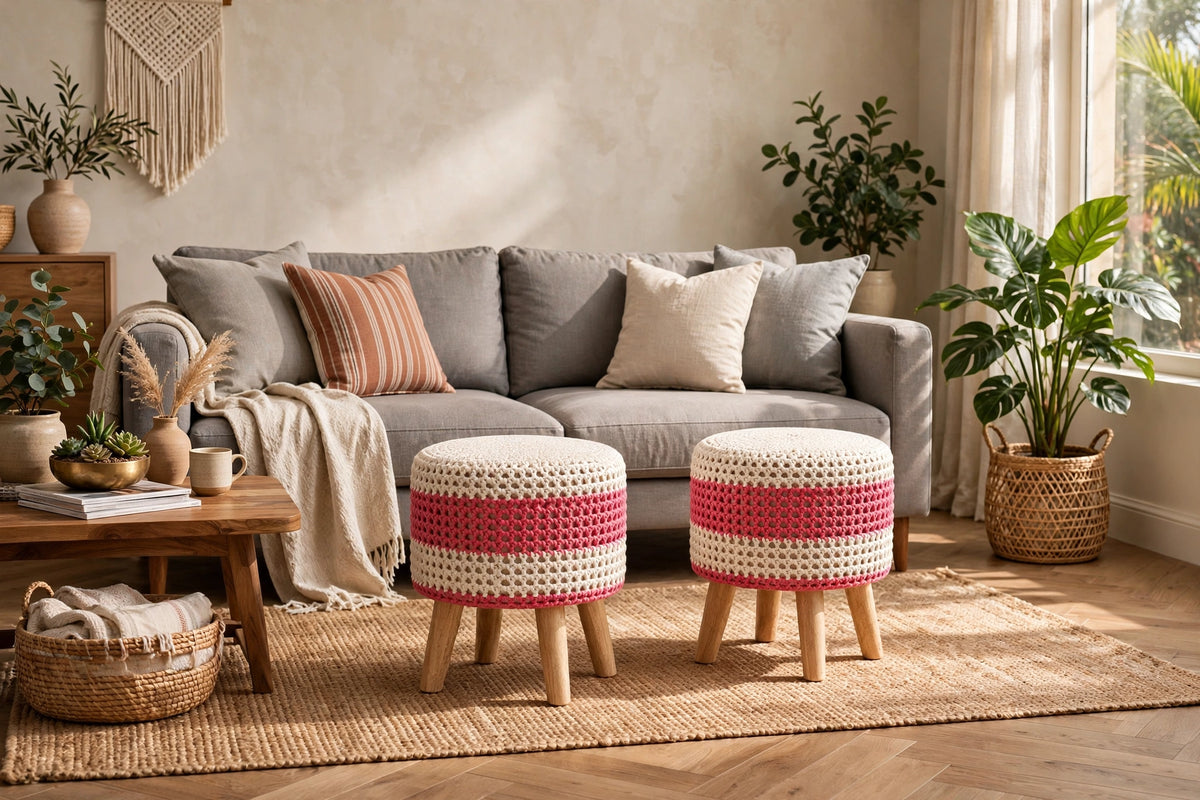Pink  & White  Macramé Cushioned Stool – Boho Footstool with Wooden Legs set of 2