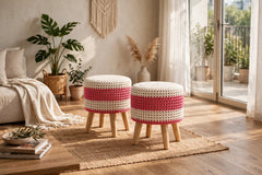 Pink  & White  Macramé Cushioned Stool – Boho Footstool with Wooden Legs set of 2