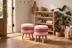 Pink  & White  Macramé Cushioned Stool – Boho Footstool with Wooden Legs set of 2