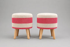 Pink  & White  Macramé Cushioned Stool – Boho Footstool with Wooden Legs set of 2