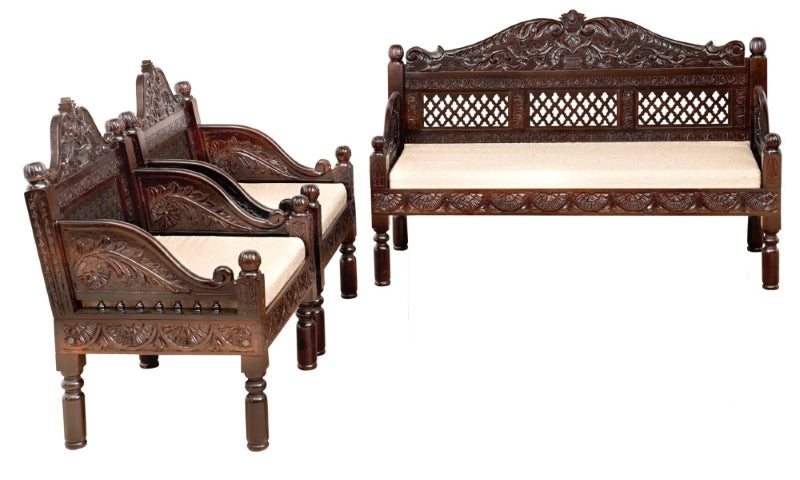 Indian Furniture Classic Vintage folk carved traditional 3 pcs Sofa & Chair Set