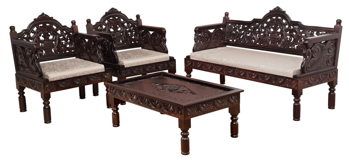 Indian Furniture Classic Vintage folk carved traditional Sofa Set with Center table