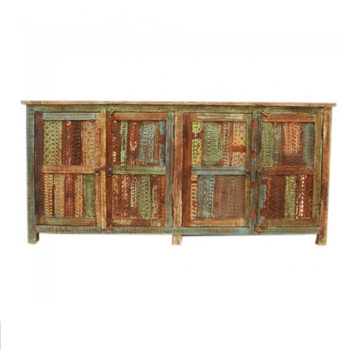 Rainbow Reclaimed wood Carved large Sideboard with 4 doors and 1 shelf 180x40x90cm