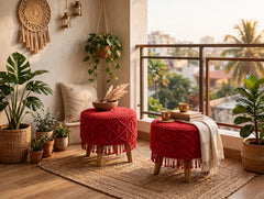 Red Macramé Cushioned Stool – Boho Footstool with Wooden Legs set of 2