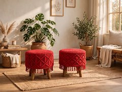 Red Macramé Cushioned Stool – Boho Footstool with Wooden Legs set of 2