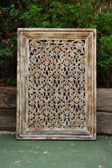 Carved Handmade Mango Wood Floral Carvings Wall Hanging Panel Distressed