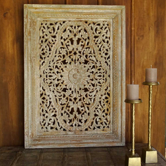 Carved Handmade Mango Wood Jali Carving Wall Hanging Panel Beige