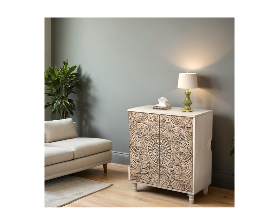 Indian Mandala Hand Carved Solid Wood Cabinet D88