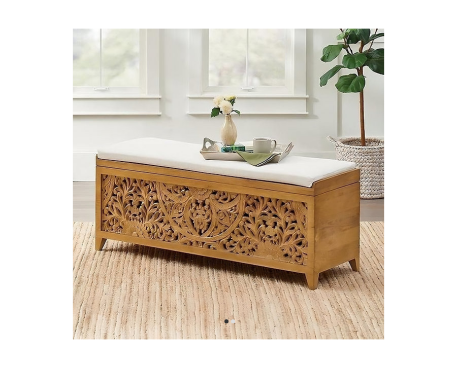 Indian Hand Carved Solid Wood Trunk Blanket Box Chest C17