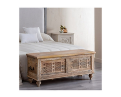 Indian Hand Carved Solid Wood Trunk Blanket Box Chest C19