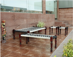 Indian Rajasthani Handmade Wooden Charpai, Bench and 2 Stools Set (Black)