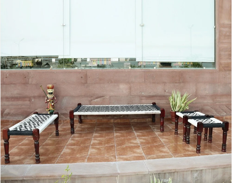 Indian Rajasthani Handmade Wooden Charpai, Bench and 2 Stools Set (Black)