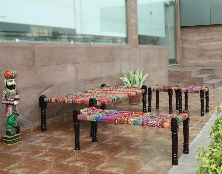 Indian Rajasthani Handmade Wooden Charpai, Bench and 2 Stools Set Multicolor