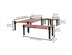 Indian Rajasthani Handmade Wooden Charpai, Bench and 2 Stools Set Multicolor