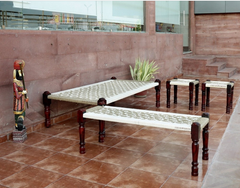 Indian Rajasthani Handmade Wooden Charpai, Bench and 2 Stools Set White