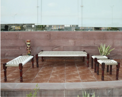 Indian Rajasthani Handmade Wooden Charpai, Bench and 2 Stools Set White