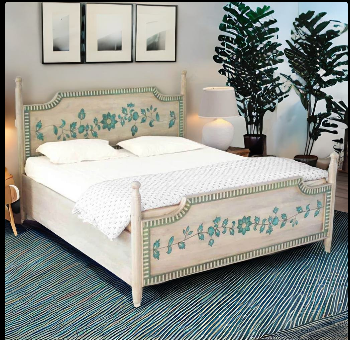 Avani Solid Mango Wood Indian Hand Painted King Size Bed White 02