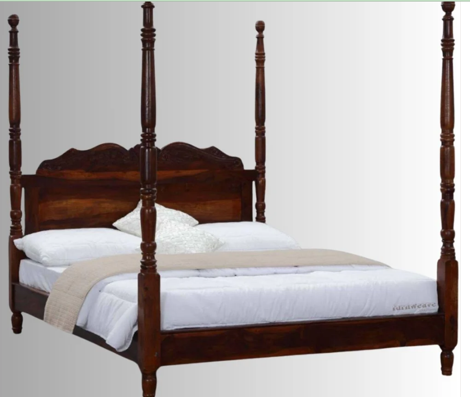 Indian Hand Carved Sheesham Wood Poster Bed Frame King Size 154