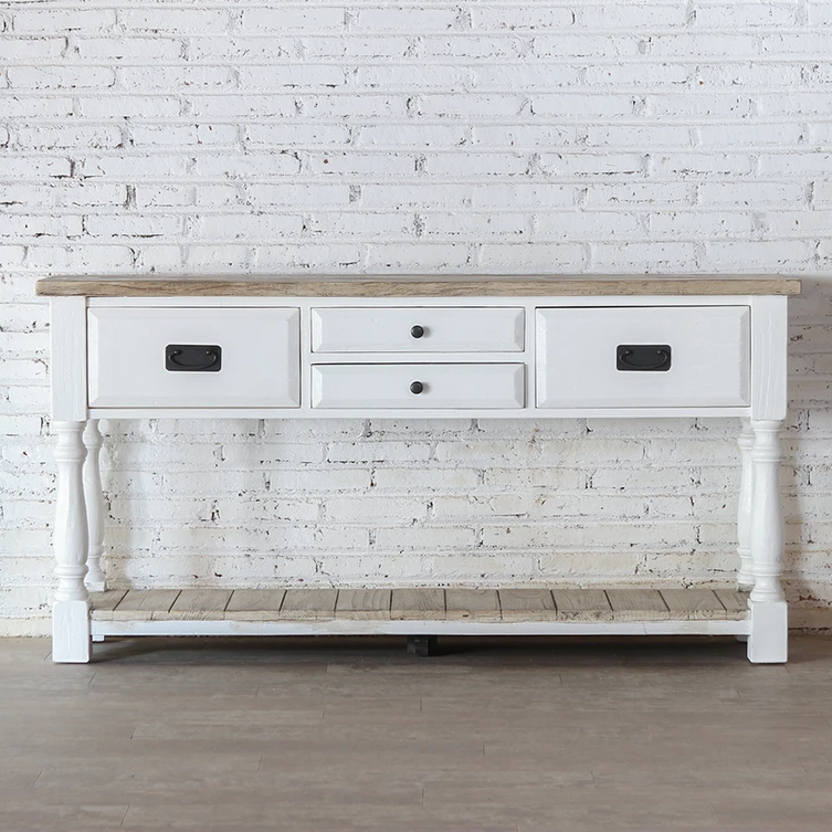 Ethereal Whites Handmade Indian Furniture Solid Mango Wood Console Hall Table in White