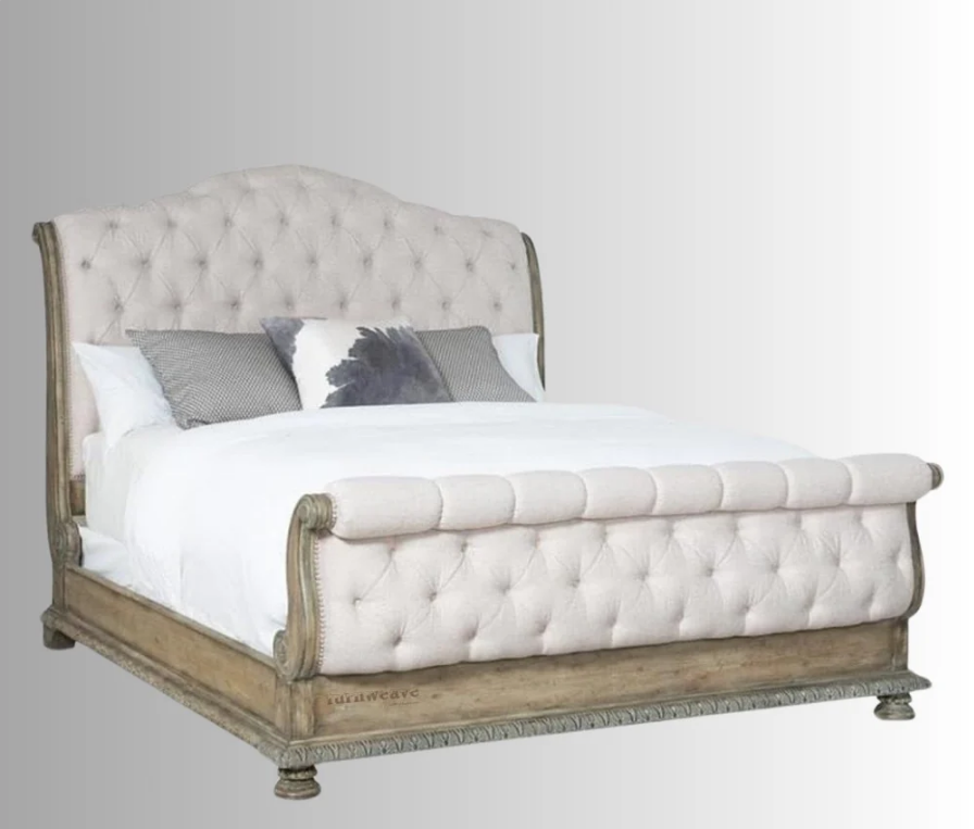 Indian Hand Carved Solid Wood Upholstered Fabric Bed Frame King Size 162