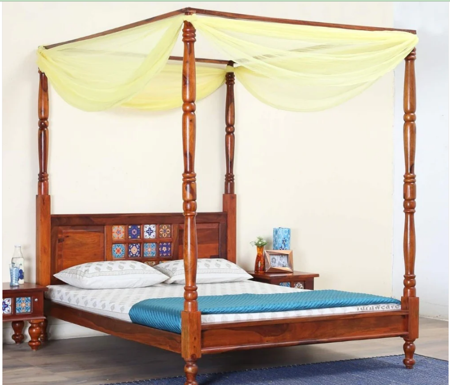 Indian Hand Carved Solid Wood Poster Bed Frame King Size 163