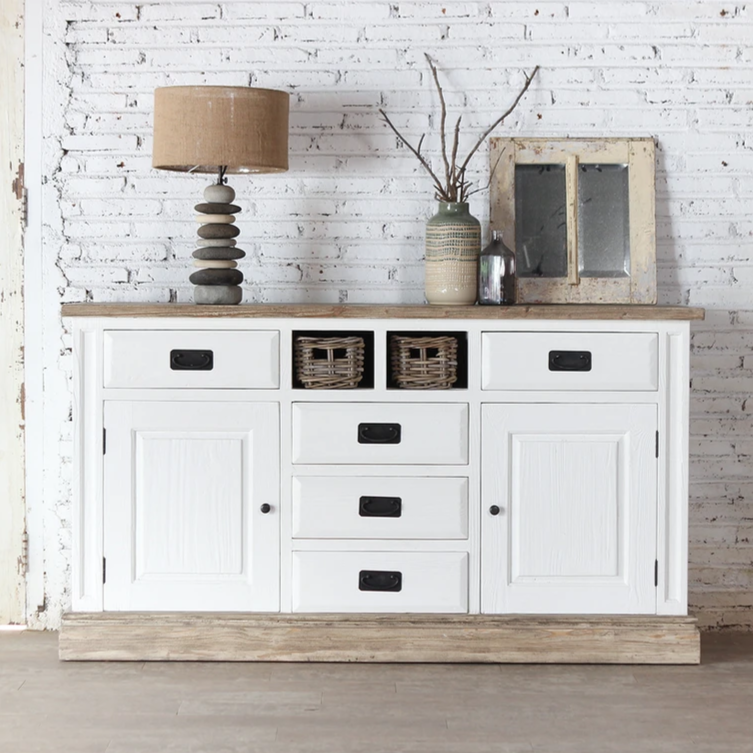 Ethereal Whites Handmade Indian Furniture Solid Mango Wood 2 Doors 7 Drawers Sideboard