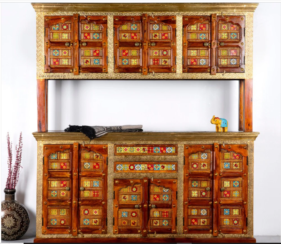 Handmade Indian Furniture Solid Mango Wood Crockery Unit Cabinet 01