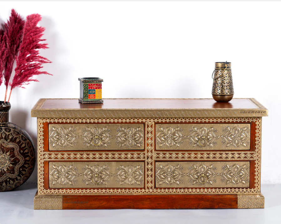 Indian Brass Work Solid Wood Brass Fitted Antique TV Unit 31