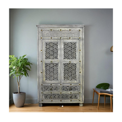 Indian Jaali Hand Carved Solid Wooden Cupboard Wardrobe D87