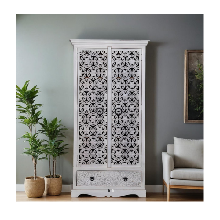Indian Jaali Hand Carved Solid Wooden Cupboard Wardrobe D88